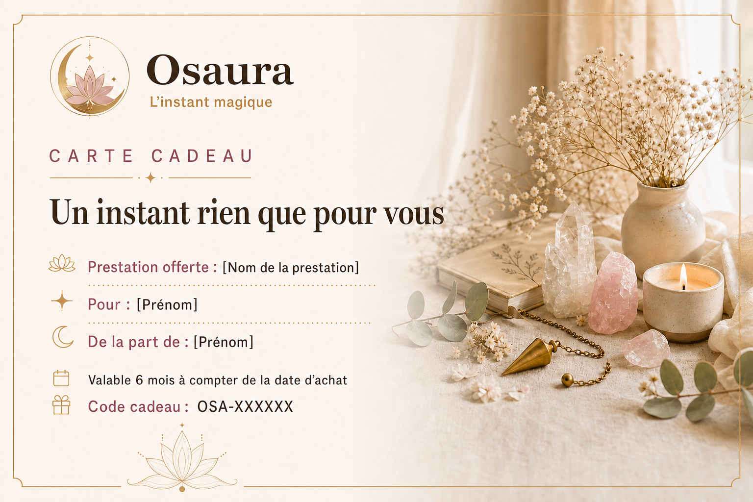 Exemple de carte cadeau personnalisée Osaura